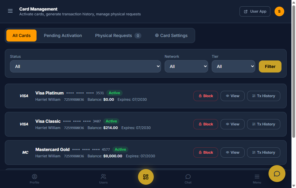 Novarion admin card management